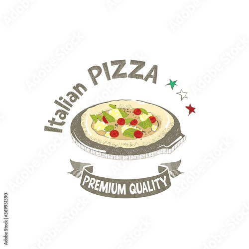 Image of the pizza label in a retro style. Vector illustration of Italian pizza with homemade cheese isolated on a white background.