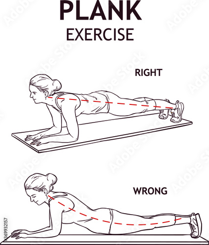 Vector illustration wiith girl, plank workout in flat style. Woman doing exercise in fitness gym