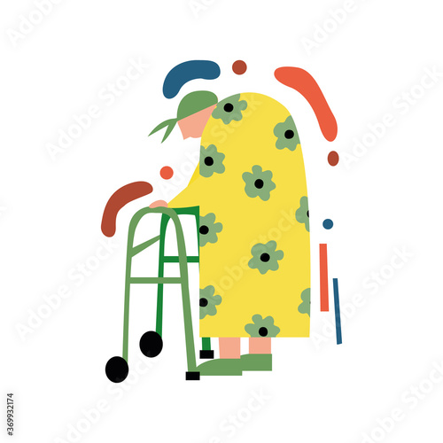 Hand drawn elderly woman leans on a Walker. Grandmother in a flowered dressing gown can hardly move. Problems with the knee joints in an adult. Vector illustration. All elements are isolated.