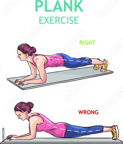 Vector illustration wiith girl, plank workout in flat style. Woman doing exercise in fitness gym