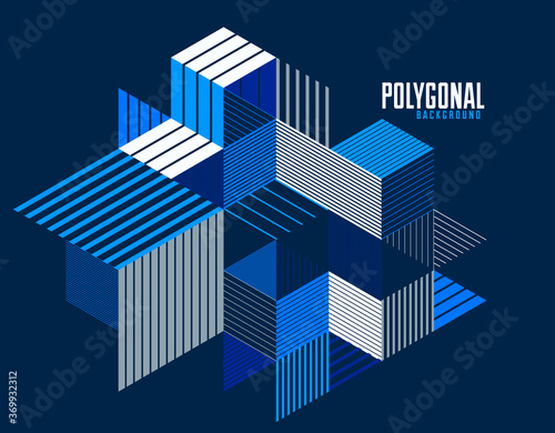 Linear striped abstract vector dimensional 3D background with isolated retro style graphic element with cubes and triangles. Template for poster or banner, cover or ad.