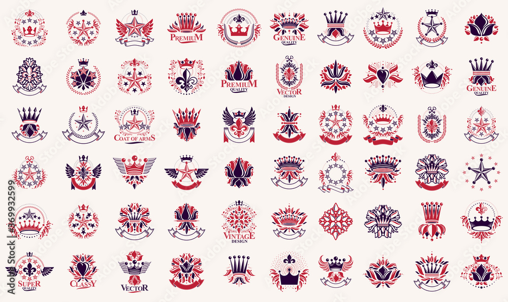 Naklejka premium Classic style crowns and stars emblems big set, ancient heraldic symbols awards and labels collection, classical heraldry design elements, family or business emblems with coronets.