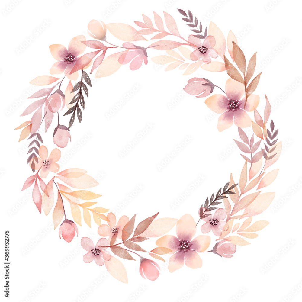 Delicate flower watercolor wreath fisolated on white