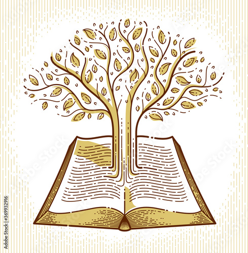 Tree growing from text lines of an open vintage book education or science knowledge concept, educational or scientific literature library vector logo or emblem.