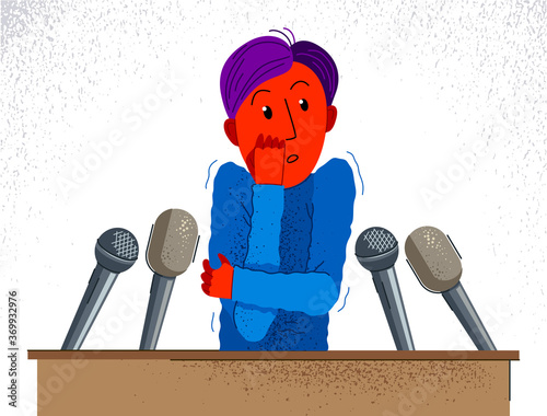Glossophobia fear of public speech vector illustration, boy surrounded by microphones scared in panic attack, psychology mental health concept.