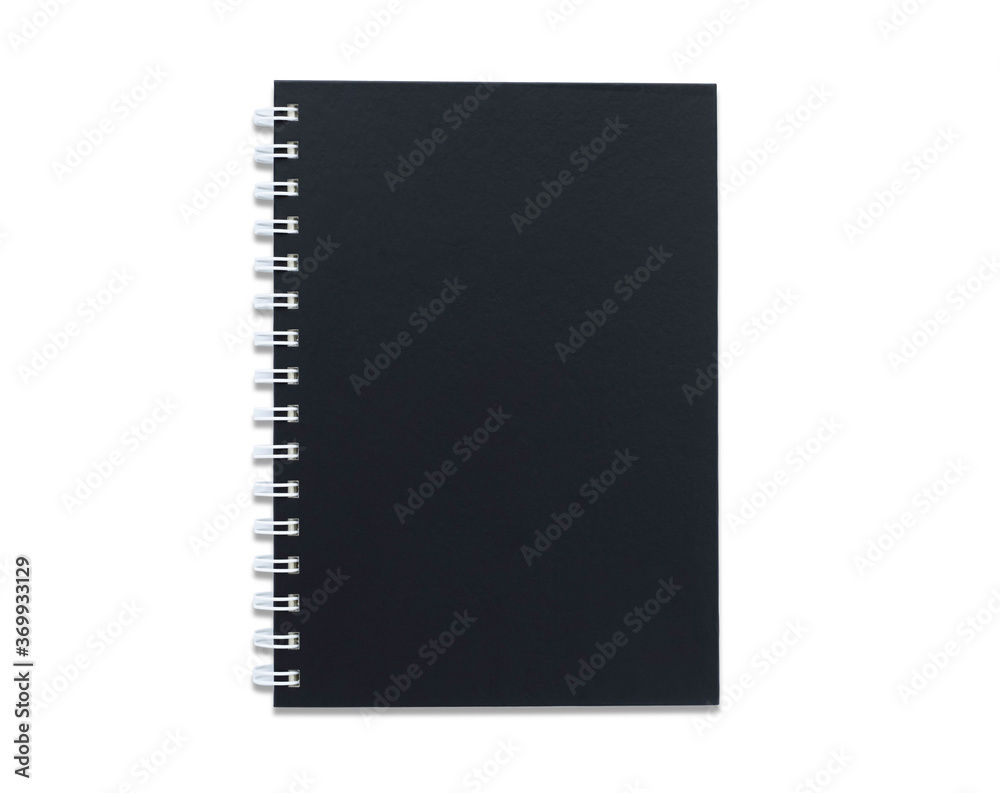 Top view above of Black closed spiral blank paper cover notebook isolated on white background for design a mockup. Top view above of Black closed spiral blank paper cover notebook isolated on white background for design a mockup.