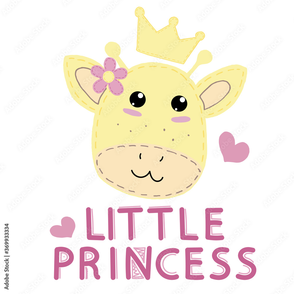 cute kawaii yellow muzzle of a giraffe in a crown with a flower and a heart and the inscription little princess with round eyes, children toy, vector illustration with decorative stitching on a white 