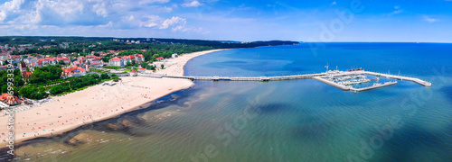 Panorama of the Baltic sea coastline with wooden pier in Sopot  Poland