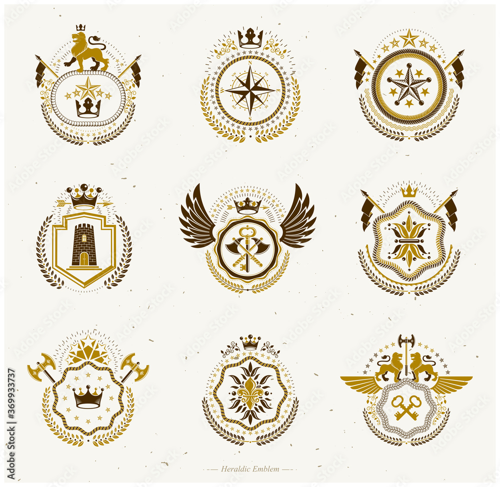 Collection of vector heraldic decorative coat of arms isolated on white and created using vintage design elements, monarch crowns, pentagonal stars, armory, wild animals.