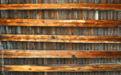 Ceiling made of old wooden beams as a background.