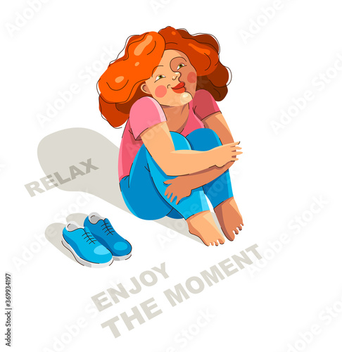 Cute adorable happy woman sitting barefoot on a ground isolated on white, enjoy every moment of life concept, allow yourself to dream, rest and calm, ease and laze.