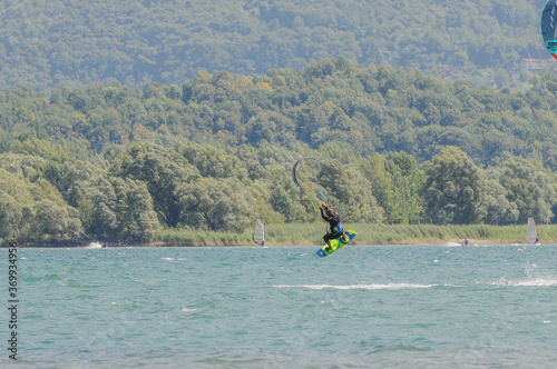 Photography kite surfing on the lake