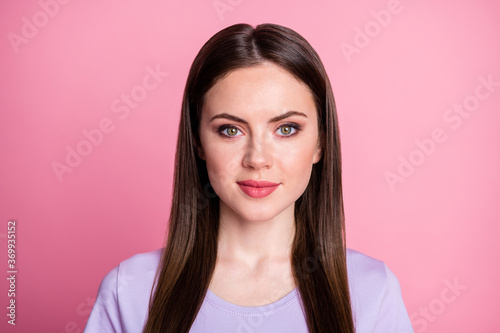 Closeup photo of attractive amazing pretty lady good mood smiling without teeth charming cute long hairdo wear casual violet purple t-shirt isolated pink pastel color background