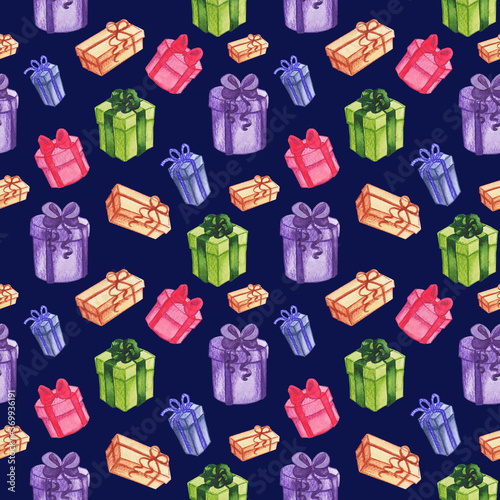 Seamless watercolor pattern of colorful gift boxes on blue. Fabric design