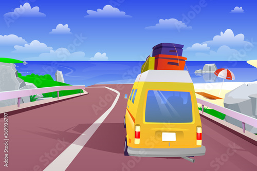 Car trip to the sea cartoon on weekend holiday