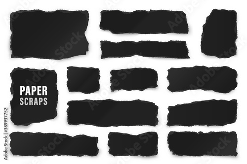Ripped black paper strips. Realistic crumpled paper scraps with torn edges. Shreds of notebook pages. Vector illustration