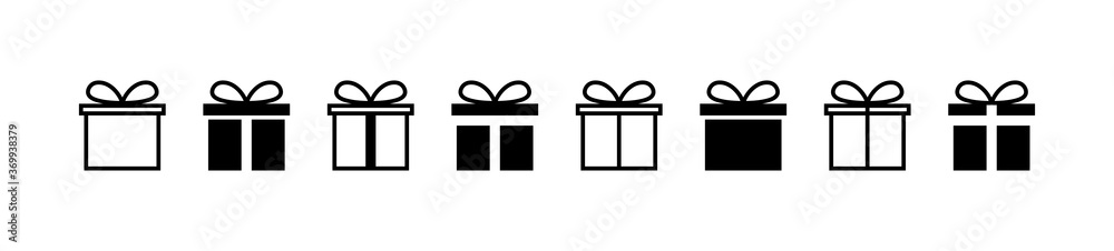 Gift. Gift box collection with ribbons. Christmas gift icons, isolated. Surprise box vector icons in a row. Vector illustration - obrazy, fototapety, plakaty 