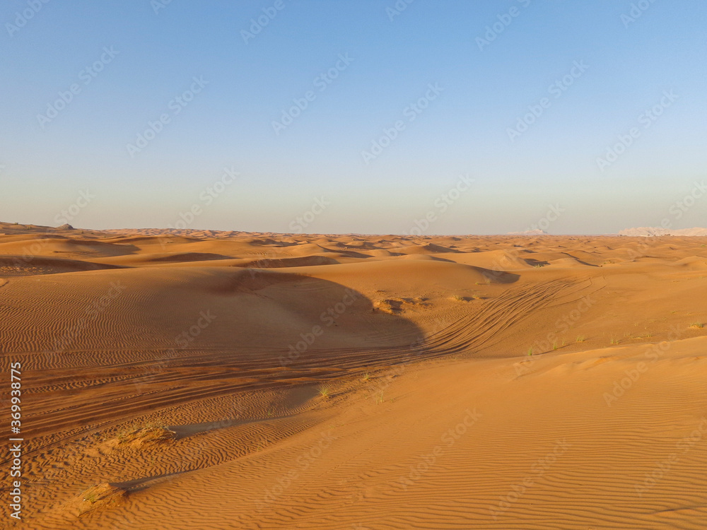 Tire traces on sand dune on desert
