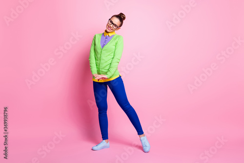 Full length photo of attractive young lady knot hairstyle hold hands beaming smiling blushing dancing flirting guy campus park wear spectacles colored clothes bright pink color background