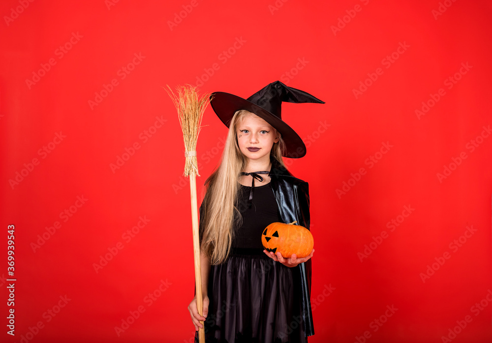 A beautiful witch girl in a hat with a broom and a pumpkin on a red isolated background with space for text A beautiful witch girl in a hat with a broom and a pumpkin on a red isolated background with space for text