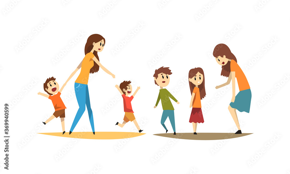 Young Mothers with Naughty Little Kids Set, Mom Walking with Children Outdoors Cartoon Style Vector Illustration