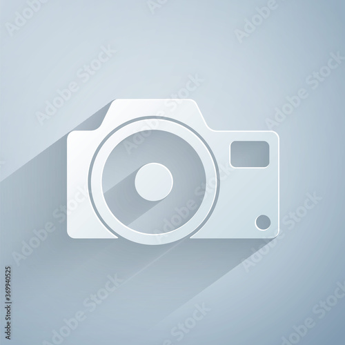 Paper cut Photo camera icon isolated on grey background. Foto camera icon. Paper art style. Vector.