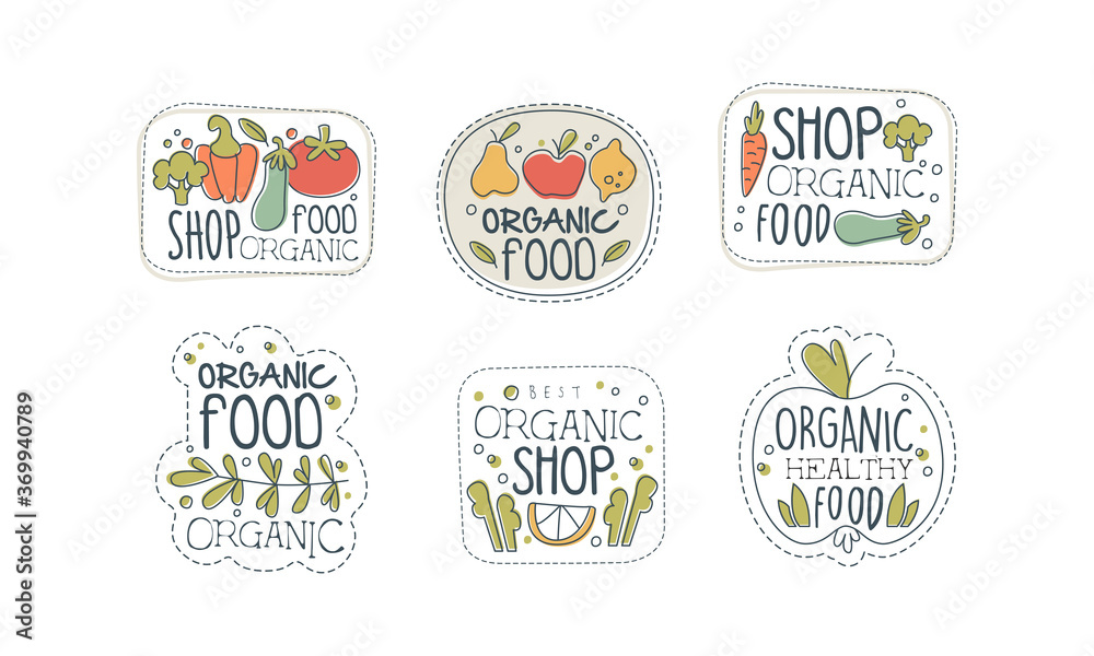 Fototapeta premium Organic Food Shop Labels Set, Eco Healthy Natural Food Badges, Stickers, Farm Market, Vegetarian Shop Design Hand Drawn Vector Illustration