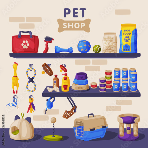 Pet Shop Banner, Cat and Dog Accessories and Care Products on Shelves Cartoon Vector Illustration