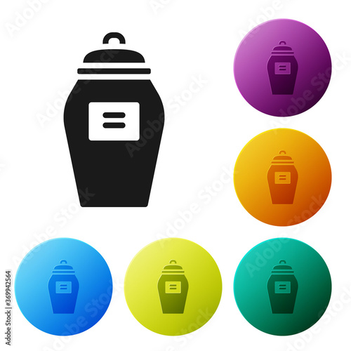 Black Funeral urn icon isolated on white background. Cremation and burial containers, columbarium vases, jars and pots with ashes. Set icons in color circle buttons. Vector.