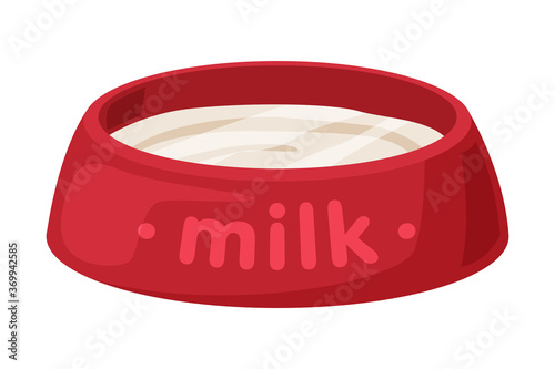 Red Cat Bowl full Milk Cartoon Style Vector Illustration on White Background