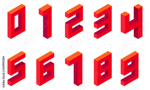 Set of red numbers in isometric style. Isolated on white background