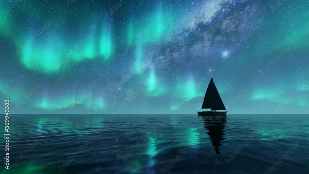 Aurora sea Landscape night light and boat 4k