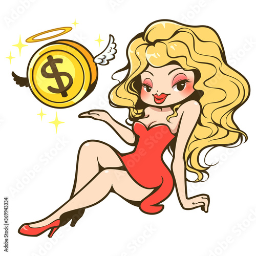 Vector cartoon illustration of sexy woman with golden hair wearing a red bandage dress with gold coin. Flying gold coin and golden angel ring. Isolated on white background. for Decoration and sticke