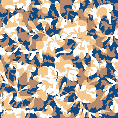 Elegant decorative layered flower silhouettes. White, orange and blue floral seamless vector pattern. for home textiles, fashion fabrics and wallpapers.