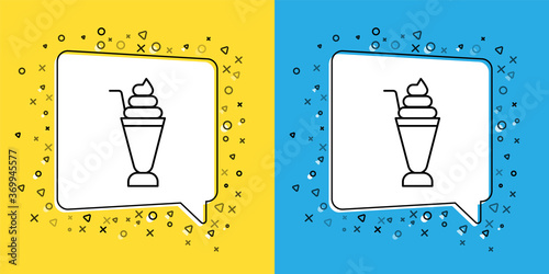 Set line Milkshake icon isolated on yellow and blue background. Plastic cup with lid and straw. Vector.