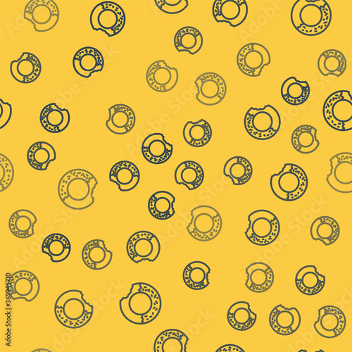 Blue line Donut with sweet glaze icon isolated seamless pattern on yellow background. Vector.