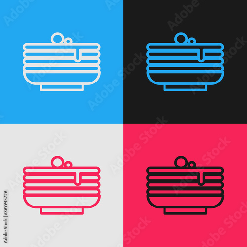 Pop art line Stack of pancakes icon isolated on color background. Baking with syrup and cherry. Breakfast concept. Vector.