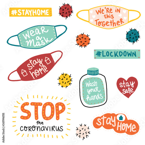 CoronaVirus Covid-19 letterings and other elements. Stay home, stop the Coronavirus, Wear a mask and others. Cute hand drawn Vector illustration cartoon sticker style