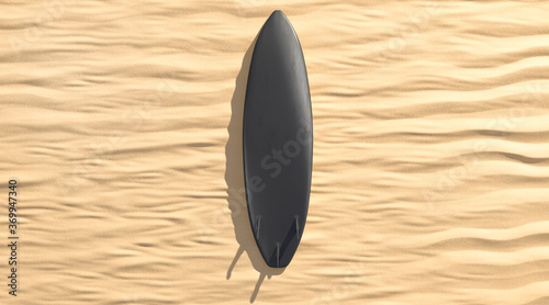 Blank black surfboard with fins lying on sand mock up © Alexandr Bognat