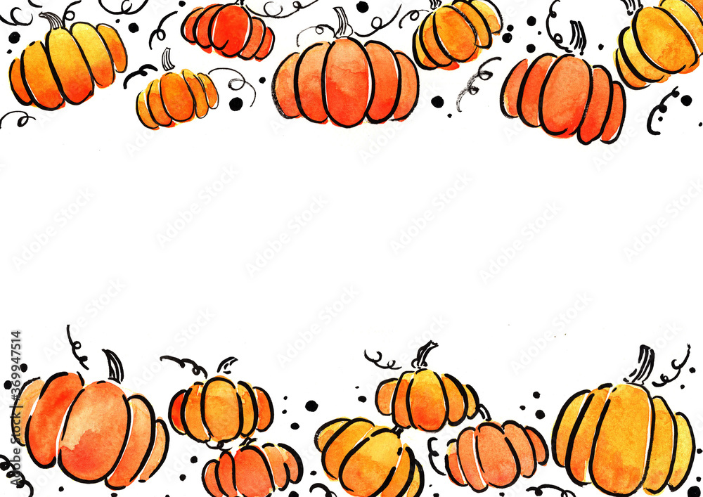 Fototapeta premium Pumpkin watercolor hand painting frame for decoration on Halloween and Thanksgiving festival.
