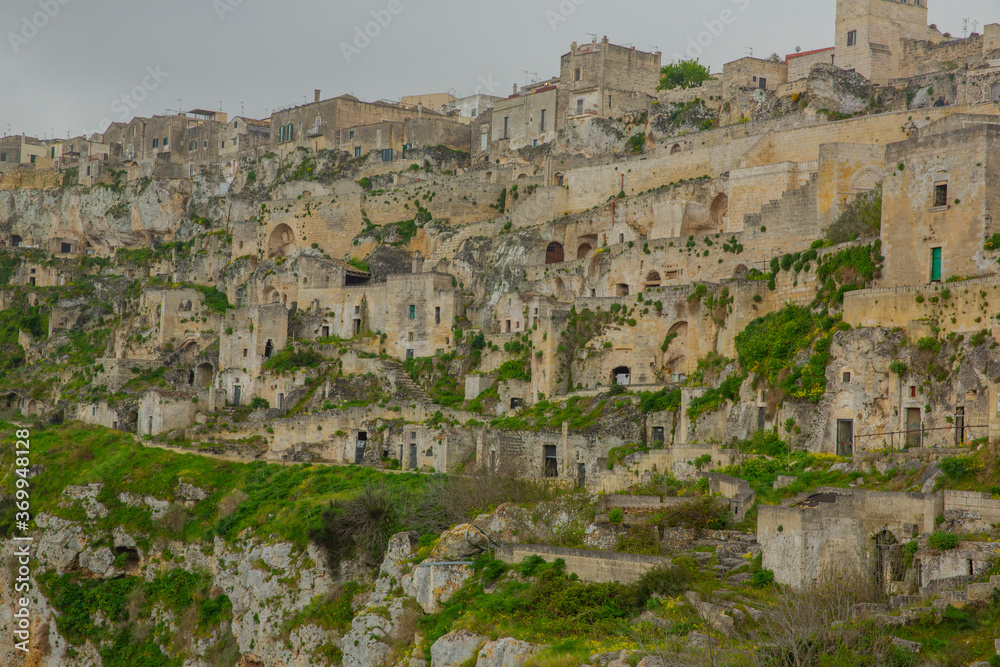 Matera ancient town on cliff, dwellings in caves, panorama