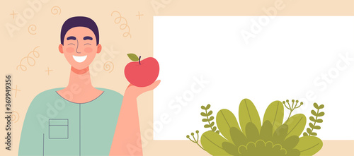Young man holding apple in hand. Diet food, healthy lifestyle, vegetarian food, raw food diet. Student snack.Template,space for text,banner for web site. Flat cartoon vector illustration.