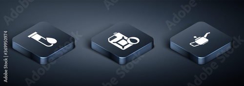 Set Isometric Oil petrol test tube, Canister for motor machine oil and Canister for motor machine oil icon. Vector.