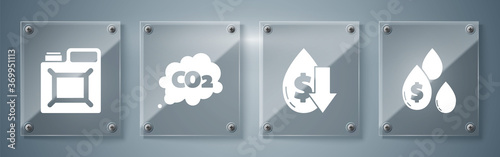 Set Oil drop with dollar symbol, Drop in crude oil price, CO2 emissions in cloud and Canister for gasoline. Square glass panels. Vector.