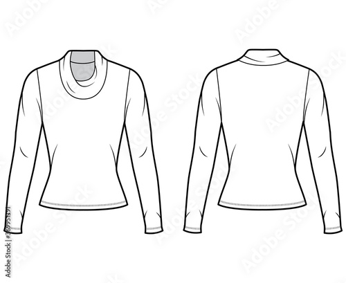 Cowl turtleneck jersey sweater technical fashion illustration with long sleeves, close-fitting shape. Flat outwear apparel template front, back white color. Women, men, unisex shirt top CAD mockup
