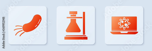 Set Test tube flask on stand, Bacteria and Bacteria on laptop. White square button. Vector.