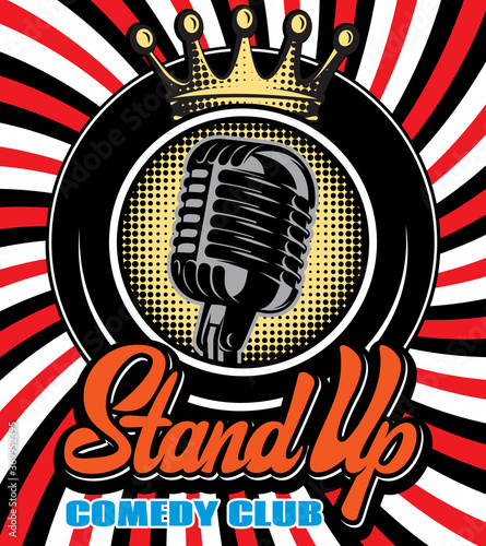 Vector color illustration with microphone and crown. Template for invitation to a party