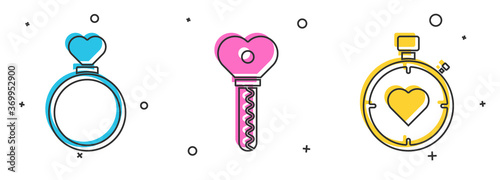 Set Wedding rings, Key in heart shape and Heart in the center stopwatch icon. Vector.