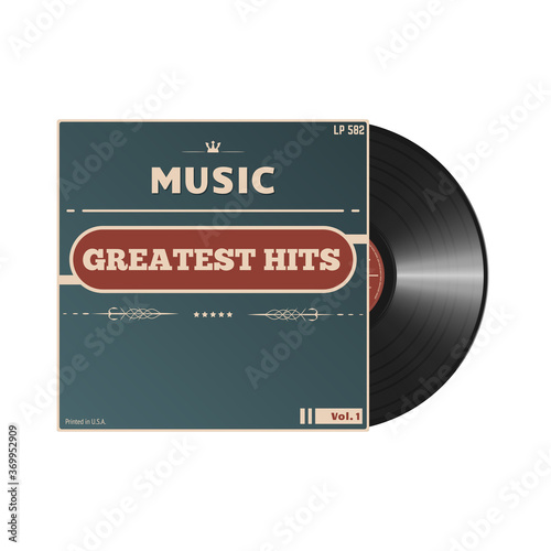 Retro style vinyl disc cover with disk. Black polyvinyl chloride disc and vintage style sleeve with text. Realistic vector vinyl record 60-80s design mockup. Vector template. 