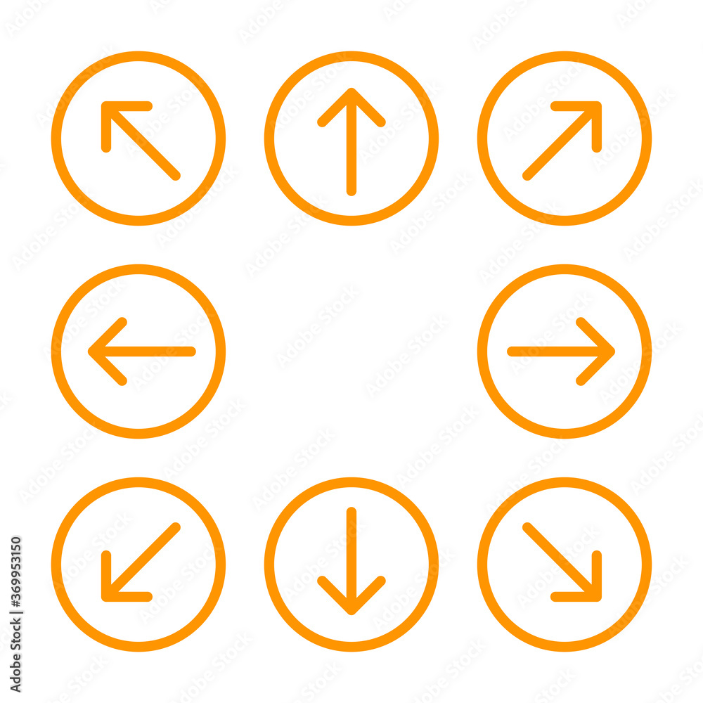 arrow line circle orange set for direction arrow pointer, arrows in circular strokes, arrows button simple, line arrow symbol in circle for ui app, circular arrowhead symbol for button interface